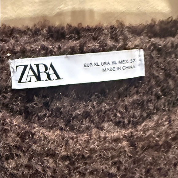Zara Chocolate Brown Textured Fringe-Cuff Crewneck Sweater - Picture 3 of 3